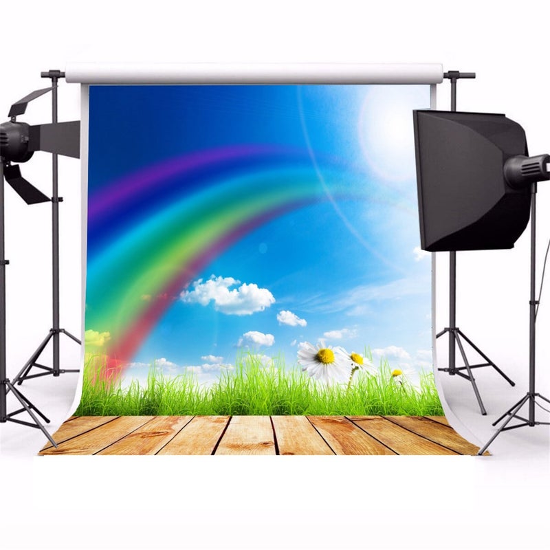 AOFOTO 5x5ft Spring Sunny Photography Backdrop Rainbow Green Grass Background Blue Sky White Cloud Floret Flower Newborn Toddler Kid Baby Girl Boy Artistic Portrait Photo Studio Props Easter Wallpaper - Image 4